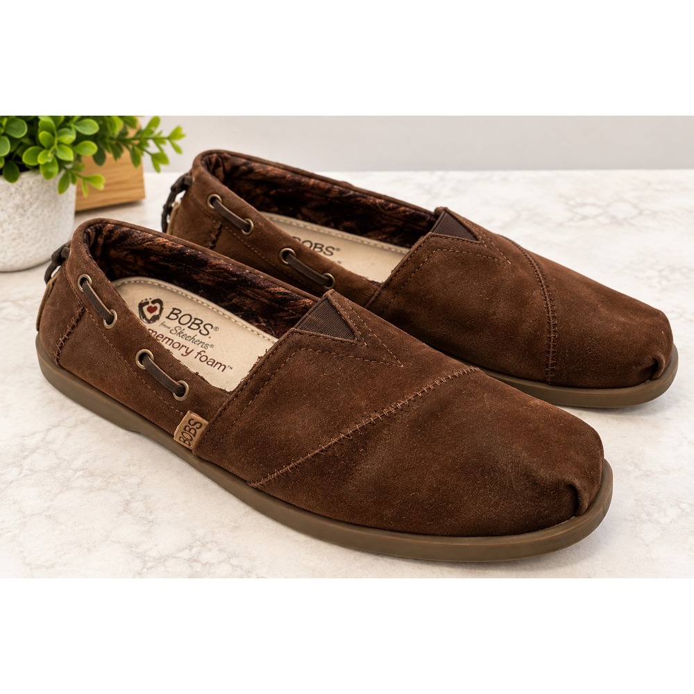 BOBS Size 7 Shoes Slip On Brown Suede Flats Comfort Memory Foam Leather Interior
